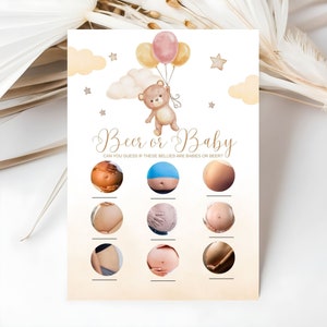 Funny Baby Shower Game Bearly Wait Brown Boho Bear Balloon Game Baby Bump or Belly Game Baby Shower Gender Neutral Game Babie Shower Fun G3