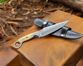 Hand Forged Damascus Steel Blade Knife W/BONE HANDLE/ LEATHER Sheath Huntcamo