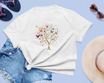 Butterfly Haven Tree, Butterfly Haven Tree graphic t-shirt Nature-inspired tee Majestic tree shirt Vibrant leaves and butterflies tee