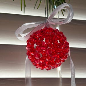Red Beaded Christmas Ornament, Handmade Bead Ball Decor, Holiday Tree Hook,  Stocking Stuffer, Sparkling Christmas Gift, Xmas Decor Gift