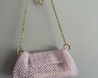 Pink Beaded Purse: Handmade Y2K Evening Bag with Gold Chain