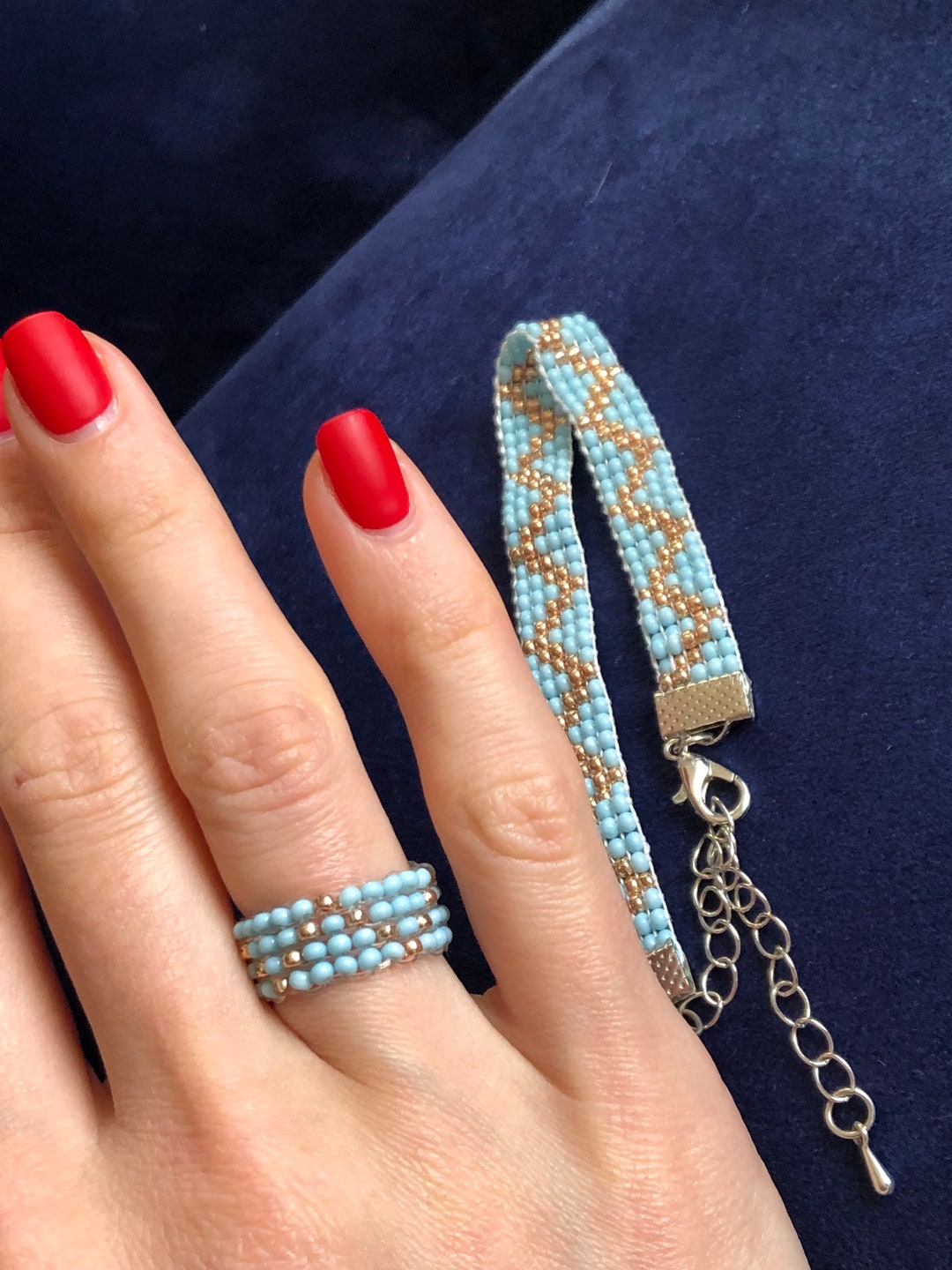 Handmade Light Blue Beaded Ring and Bracelet Set: Personalized Jewelry ...