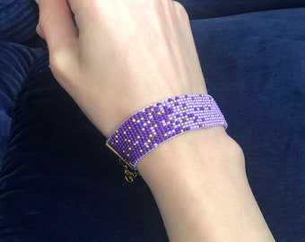 Bracelet en perles de rocaille violettes, bracelet large tissé sur métier à tisser, bijou bohème fait main, cadeau