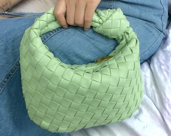Green Woven Hand Bag for Women | Mini Hobo Leather Bag | Small Jodie Style Summer Bag | Boho Vintage Purse | Dumpling Bag | Gift for Women