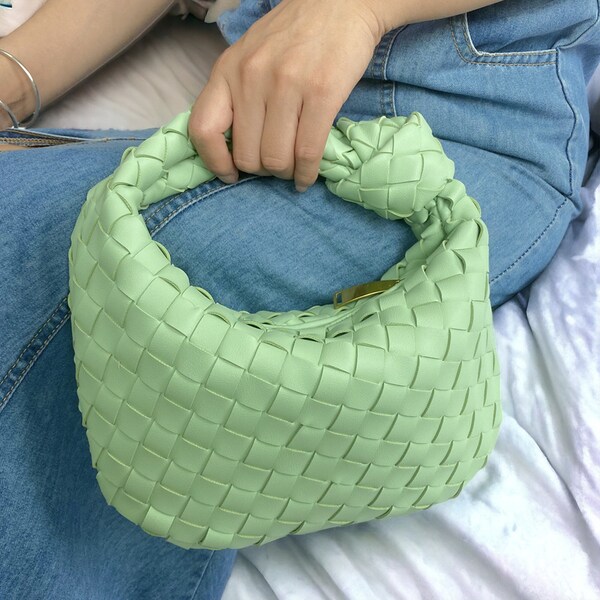 Green Woven Hand Bag for Women | Mini Hobo Leather Bag | Small Jodie Style Summer Bag | Boho Vintage Purse | Dumpling Bag | Gift for Women