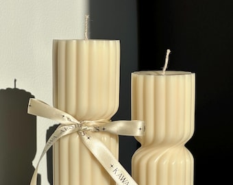 Vela de pilar con forma de reloj de arena retorcido / Juego de regalo de vela de soja con forma de columna acanalada / Decoración minimalista de lujo para el hogar