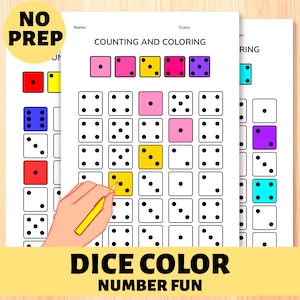 May include: A printable worksheet for kids to practice counting and coloring. The worksheet features a grid of dice with different numbers of dots. Children color the dice according to the number of dots shown. The worksheet includes the text "Counting and Coloring" and "Dice Color Number Fun".