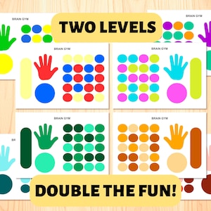 Preview showcasing multiple "Brain Gym" worksheets to illustrate different challenge options. Features banners reading "TWO LEVELS" and "DOUBLE THE FUN!". Example sheets with varying dot grid complexities or color arrangements are displayed, suggesting built-in progression or difficulty scaling within the printable activity set. Highlights adaptability for different user needs or skill development stages.