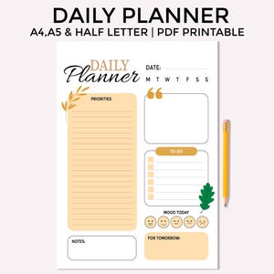 May include: A printable daily planner with a yellow and brown floral design. The planner includes sections for priorities, to-do list, mood tracker, and notes. The planner is available in A4, A5, and half letter sizes.