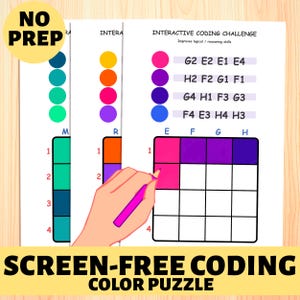 May include: A screen-free coding challenge colour puzzle with a grid of squares to be coloured in. The puzzle includes a key with different coloured circles and corresponding letters and numbers. The text "Interactive Coding Challenge" and "Improves logical/reasoning skills" is at the top of the puzzle.