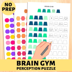 Może przedstawiać: Drukowana karta pracy z puzzlem percepcji do ćwiczeń mózgu z tytułem "Brain Gym Perception Puzzle". Karta pracy zawiera siatkę kształtów z różnymi wzorami i kolorami. Kształty to trójkąty, koła, serca i linie. Kolory to niebieski, zielony i biały.