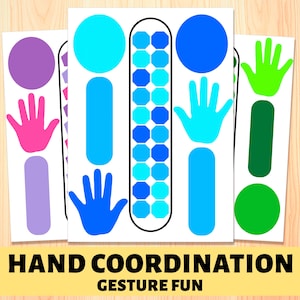 Op de afbeelding: Printbare activiteitenbladen voor kinderen met handcoördinatieoefeningen. De bladen bevatten kleurrijke cirkels, rechthoeken en handomtrekken. De tekst "HAND COORDINATION GESTURE FUN" staat onderaan de pagina.