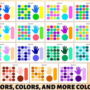 Preview grid displaying 14 different "Brain Gym" printable worksheet variations included in the set. Each sheet follows the standard layout with title, dot grid, and large shapes (hand, circle, bar) but features unique, diverse color combinations. Emphasizes the extensive color variety available with the banner "COLORS, COLORS, AND MORE COLORS!". Highlights the visual stimulation and options provided in this digital download activity pack.