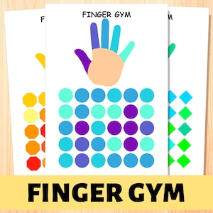 Peut inclure: Une feuille d'activité de gymnastique des doigts imprimable avec un contour de main et une grille de cercles colorés. La feuille est intitulée "Finger Gym".