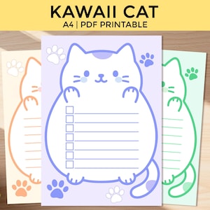 Gato Kawaii para Imprimir A4 - Nota e Lista de Verificação com Linhas para Lista de Tarefas - Papelaria Fofa para Amantes de Gatinhos - Papel PDF para Download Instantâneo