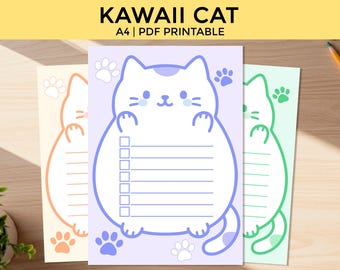 Kawaii Cat Note Pages: A4 Lined & Checklist Stationery (PDF)