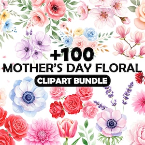 Muttertag Floral Clipart Bundle Aquarell PNG Wildblumen und Botanische Kunst für handgemachte Karten, Tags, Zeitschriften & Mutter Geschenk Projekte