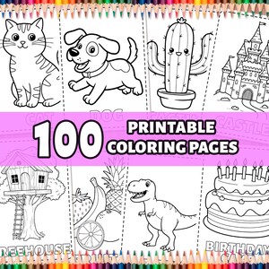 May include: A set of 100 printable coloring pages featuring various images, including a cat, dog, cactus, castle, treehouse, fruit, dinosaur, and birthday cake. The pages are black and white and ready to be colored.