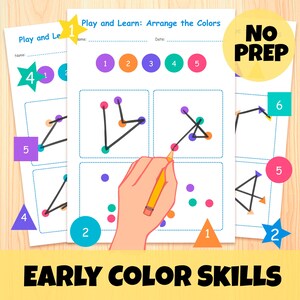 May include: A printable worksheet for kids to practice early color skills. The worksheet has a title "Play and Learn: Arrange the Colors" and includes a section for the child's name and the date. The worksheet has five different shapes with dots of different colors. The child is instructed to color the shapes according to the color key.