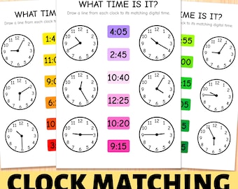 Clock Matching Time Practice: Kindergarten Grade 1 Worksheet (Digital Download)