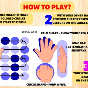 Instructional image explaining "HOW TO PLAY?" the Brain Gym activity. Shows numbered steps: 1) Use one finger to trace colored circles sequentially on the dot grid. 2) With the other hand, simultaneously make corresponding hand gestures based on large shapes shown (Palm=open palm, Bar=extended hand, Circle=fist). 3) Touch the large shape based on its color. Features visual examples of finger tracing and the required hand shapes for clarity.