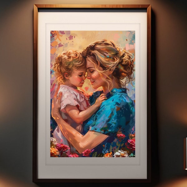 Oeuvre d'art pour la Fête des mères imprimable Portrait Maman et Enfants peinture à l'huile Cadeau décoration intérieur Téléchargement JPG