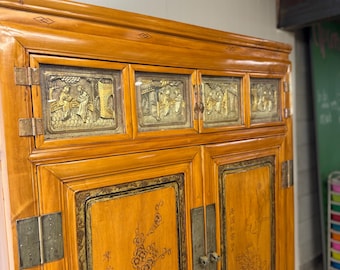 Chinese Wedding Cabinet Vintage Elmwood Armoire Hand Carved Asian Storage Furniture