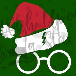May include: A red and white Santa hat with a lightning bolt design on the brim. The hat is sitting on top of a pair of round, white glasses.