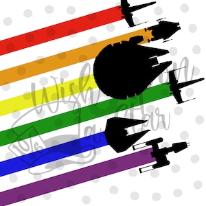 May include: Silhouettes of five Star Wars spaceships flying in formation against a rainbow background. The spaceships are flying in a diagonal line from the top left to the bottom right of the image. The rainbow is made up of six stripes: red, orange, yellow, green, blue, and purple.