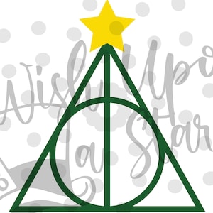 May include: A green Christmas tree shaped like the Deathly Hallows symbol from the Harry Potter series. A yellow star sits on top of the tree.