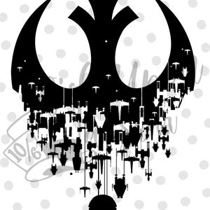 Puede incluir: Una silueta negra del símbolo de la Alianza Rebelde, el símbolo está formado por muchas siluetas más pequeñas de cazas X-Wing y cazas TIE.