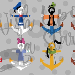 May include: A selection of cartoon character-themed anchor designs. Mickey Mouse, Minnie Mouse, Donald Duck, Daisy Duck, Goofy, and Pluto are depicted. The anchors are in various colours, including red, black, brown, and yellow, with white and yellow accents.