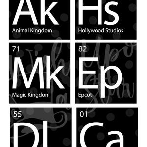 May include: Black and white periodic table-style design featuring six Disney park abbreviations: AK (Animal Kingdom), HS (Hollywood Studios), MK (Magic Kingdom), EP (Epcot), DI (Disneyland), and CA (California Adventure). Each square has a number and park name.