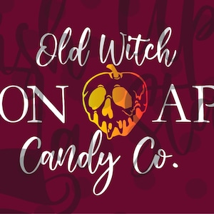May include: A maroon graphic with the words "POISON APPLE" and "Old Witch Candy Co." in white script. An apple with a skull design is in the centre. The background has a subtle pattern.