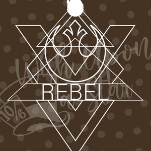 May include: A white geometric design with the Rebel Alliance symbol and the word "REBEL" in the center. The design is on a brown background with white polka dots.
