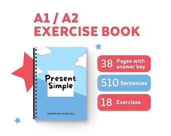 Könnte beinhalten: Ein blaues und weißes Übungsheft mit dem Titel "Present Simple" und dem Text "A1/A2 EXERCISE BOOK" oben. Das Heft enthält 38 Seiten mit einem Lösungsschlüssel, 510 Sätze und 18 Übungen.
