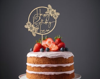 Topper de pastel de cumpleaños personalizado con nombre hecho de madera con flores en una corona pastel topper pastel cortador pastel topper decoración de pastel redondo