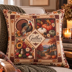 Fall Turkey Pillow Cover with Vintage Patchwork Design Autumn Folk Art Throw Pillow for Harvest Home Decor Rustic Fall Thanksgiving Gift