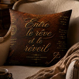 Peut inclure: Un coussin carré avec un fond brun foncé texturé rappelant le cuir. Le texte "Entre le rêve et le réveil" est imprimé en lettres dorées au centre. On y trouve également du texte doré, des ornements décoratifs et une clé ancienne.