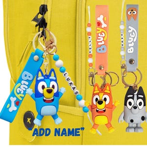 Back to School Backpack accessory name tag, Personalized Bluey Bingo gift, Muffin Keychain for Kids, Bluey Party Favor, School zip Bag Charm