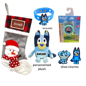 Bluey bingo pluche voorgevulde kerstsok lederen tags Bluey armband verjaardagscadeau, gepersonaliseerde knuffelhond voor kinderen, vakantiecadeau