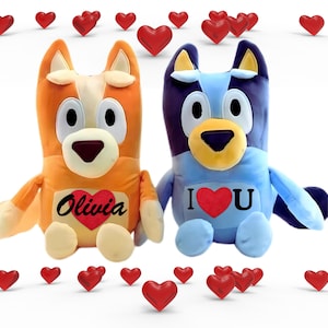 Custom Bluey and Bingo Plush, Valentines day Bluey, Birthday Gift Toy, Kids Personalized Stuffed Animal Dog, Car Accessory, Mom Dad Gift