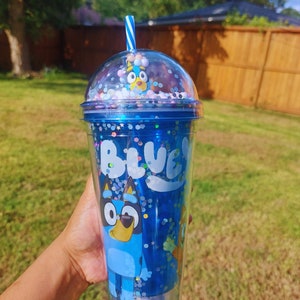 Bluey Cup Tumbler, Bingo 18oz Light Up Party Cups, back to school Theme Supplies Favors, Kids Reusable Straw Cups, Snowglobe Topper Gift Her