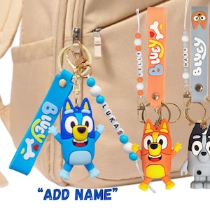 Back to School Backpack accessory name tag, Personalized Bluey Bingo gift, Muffin Keychain for Kids, Bluey Party Favor, School zip Bag Charm