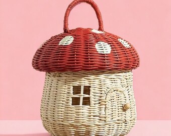 Basket Rattan Mushroom House, Picnic Basket House, Handwoven Basket, Kids Toys, Gift for kids, Garden Decoration Picnic, Red Mushroom House