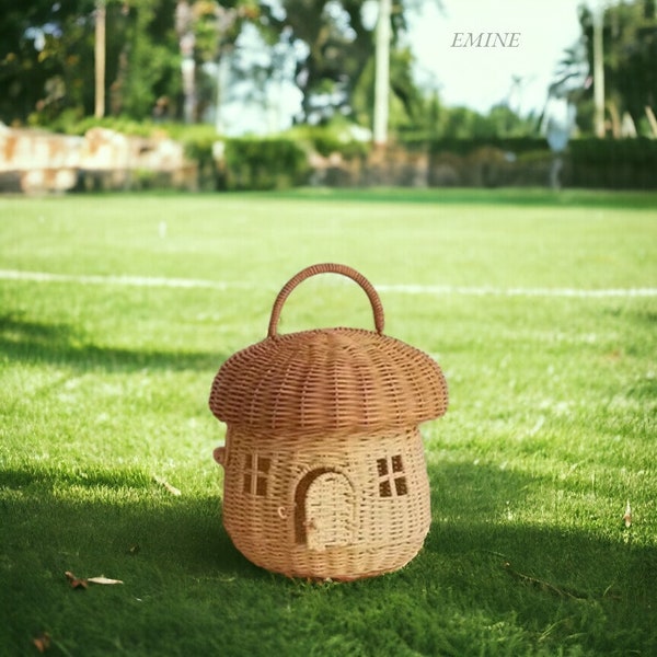 Basket Rattan Mushroom House, Picnic Basket House, Handwoven Basket, Kids Toys, Gift for kids, Garden Decoration Picnic, Red Mushroom House