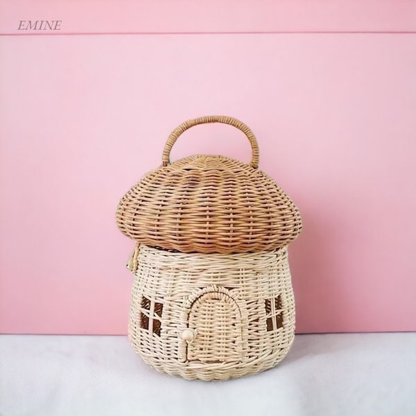 Basket Rattan Mushroom House, Picnic Basket House, Handwoven Basket, Kids Toys, Gift for kids, Garden Decoration Picnic, Red Mushroom House