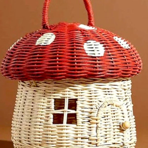 Basket Rattan Mushroom House, Picnic Basket House, Handwoven Basket, Kids Toys, Gift for kids, Garden Decoration Picnic, Red Mushroom House