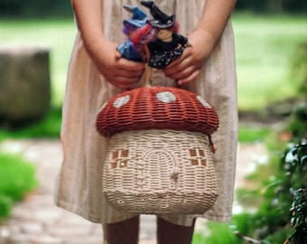 Mushroom House Basket, Picnic Basket House, Handwoven Basket Rattan, Kids Toys, Gift for kids, Garden Decoration Picnic, Red Mushroom House