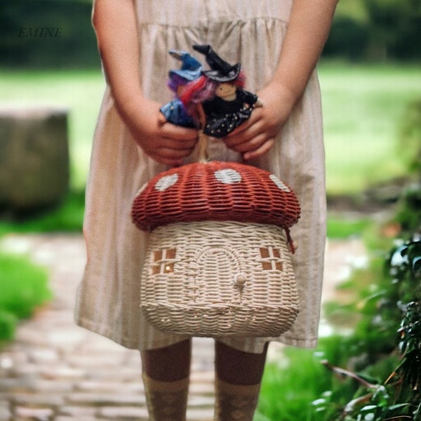 Panier champignon, maison panier pique-nique, panier en rotin tressé à la main, jouets pour enfants, cadeau pour les enfants, décoration de jardin pique-nique, maison champignon rouge